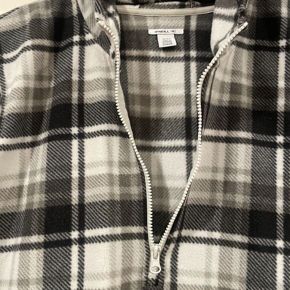 ~ O'Neill XL Fleece Jacket Black Gray Plaid Hoodie Pockets Half Zip Unisex - Picture 11 of 12
